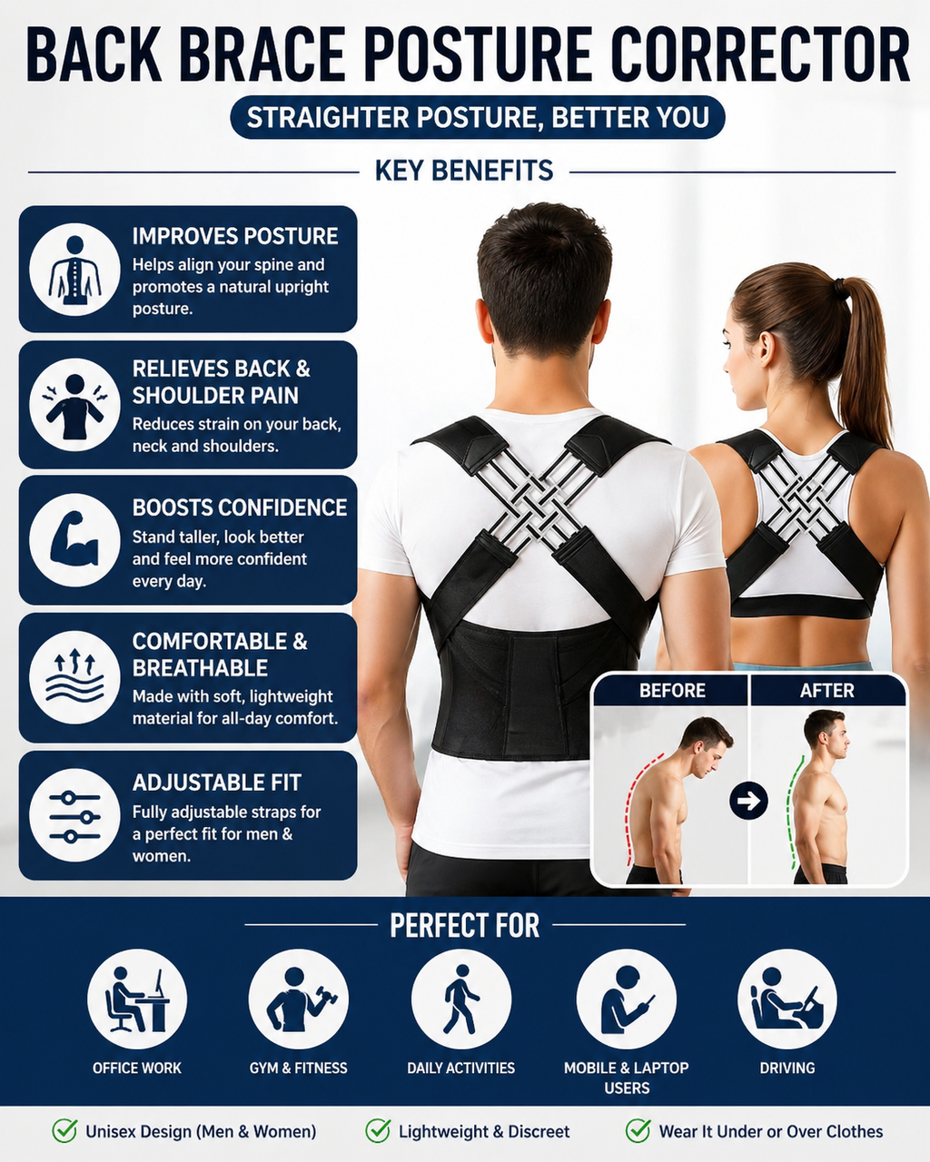 Back Brace Posture Corrector for Men and Women,Adjustable Back Posture Belt Invisible